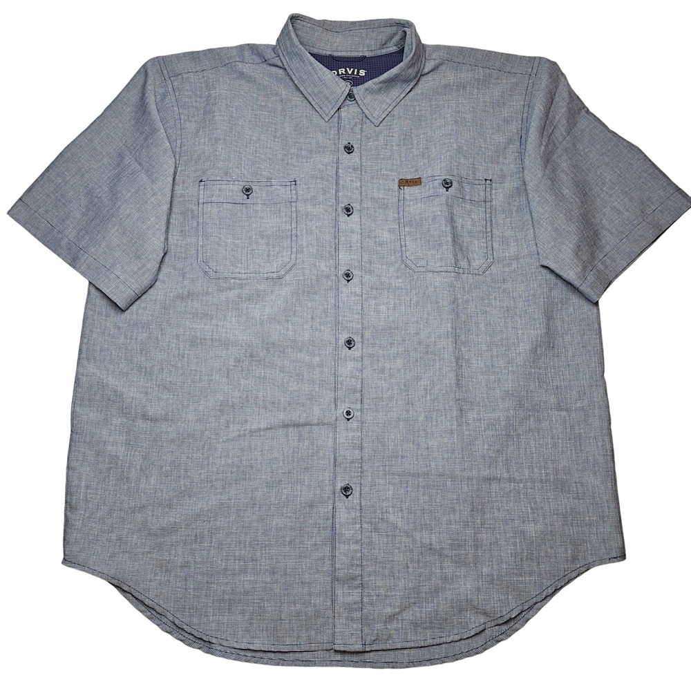 Orvis Mens Blue Short Sleeve Button Up Shirt Camp Shirt Casual XL